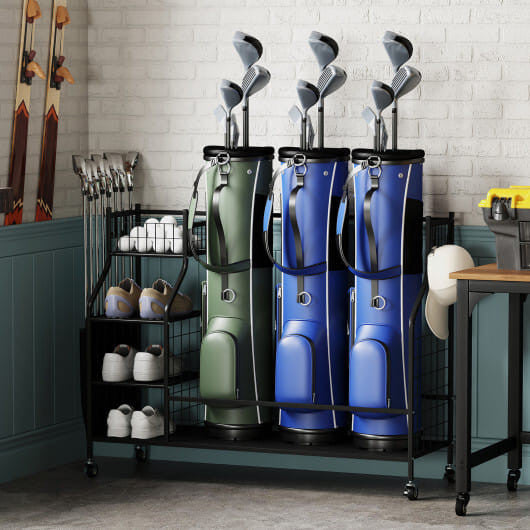 Golf Bag Organizer 3 Golf Bag Stand with Lockable Wheels and Hooks-Black-0
