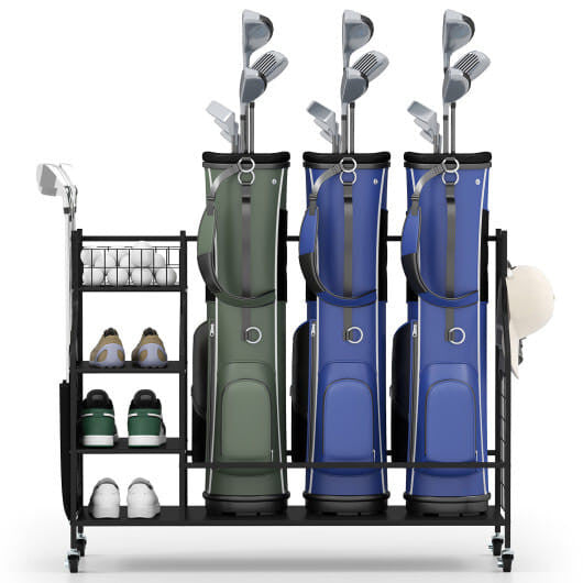 Golf Bag Organizer 3 Golf Bag Stand with Lockable Wheels and Hooks-Black-2