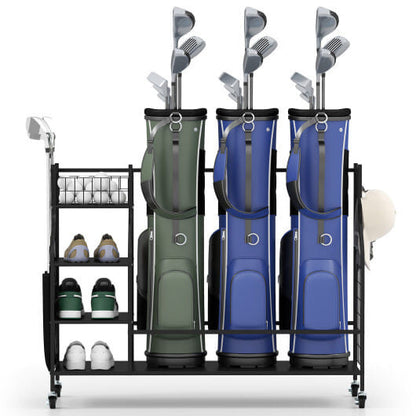 Golf Bag Organizer 3 Golf Bag Stand with Lockable Wheels and Hooks-Black-2