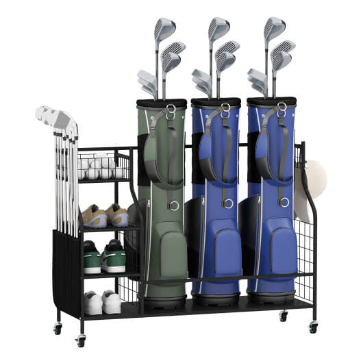 Golf Bag Organizer 3 Golf Bag Stand with Lockable Wheels and Hooks-Black-4