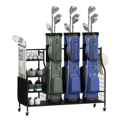 Golf Bag Organizer 3 Golf Bag Stand with Lockable Wheels and Hooks-Black-4