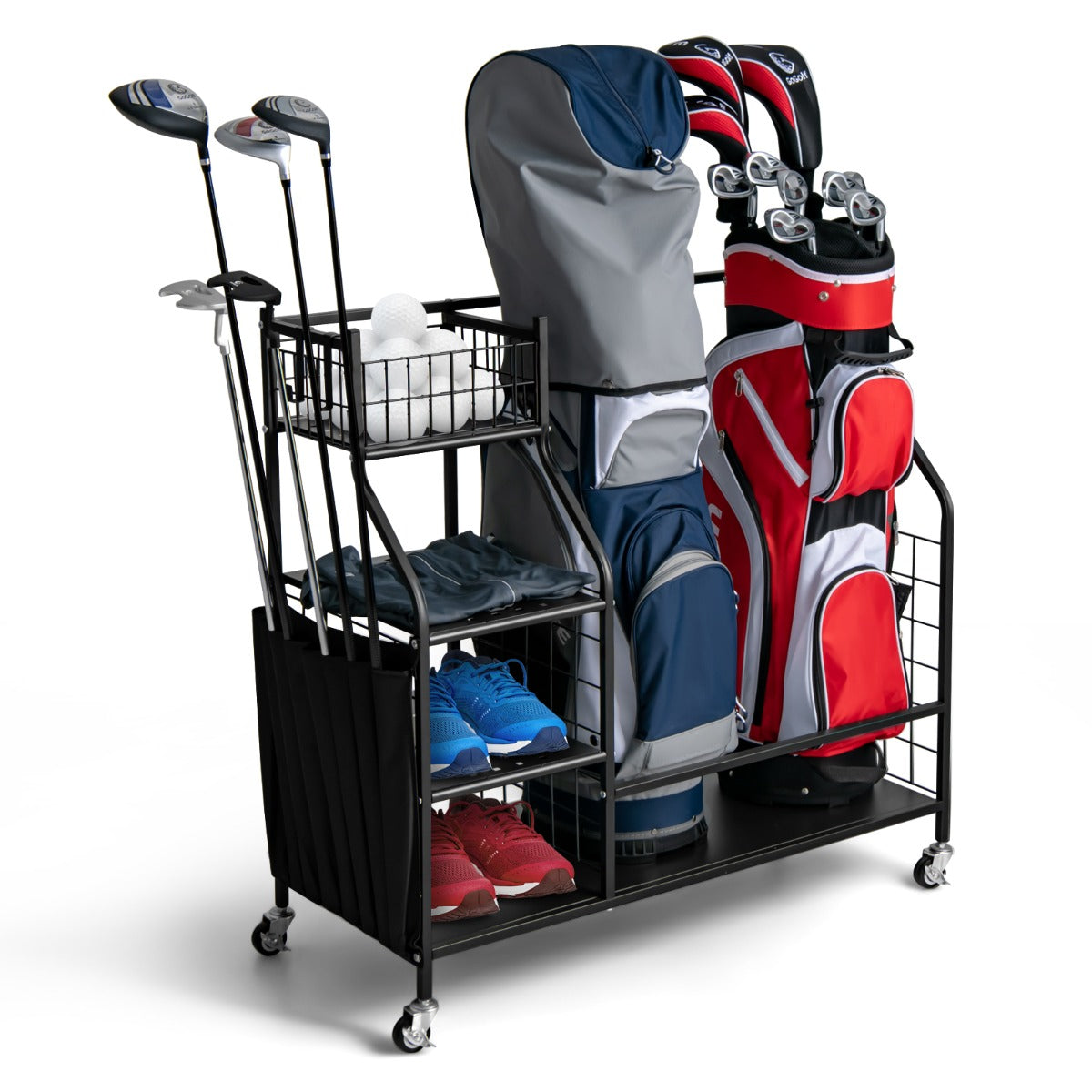 NNECW Golf Bag Storage Rack with Lockable Universal Wheels for Golfing Equipment-1