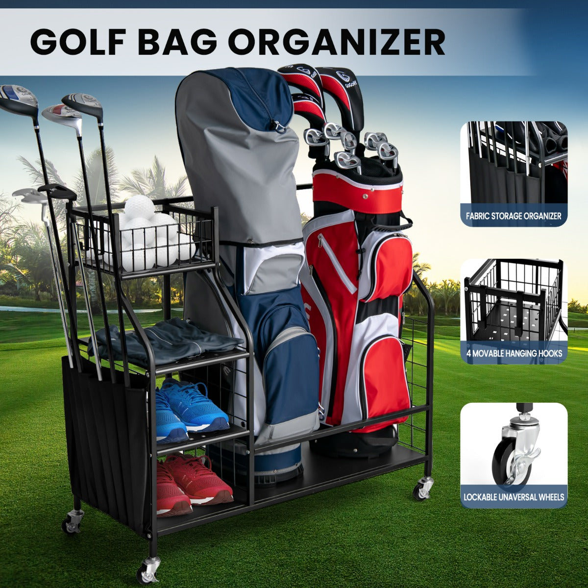 NNECW Golf Bag Storage Rack with Lockable Universal Wheels for Golfing Equipment-0